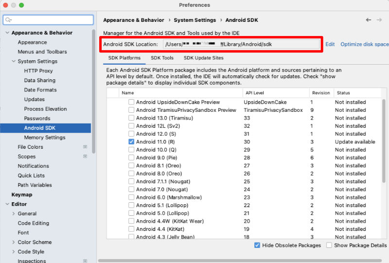 Android Studio Android SDK Location